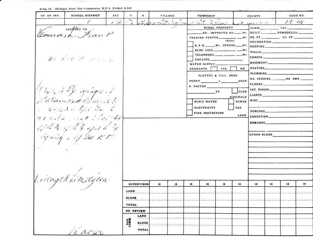 A Michigan State Tax Commission form with handwritten notes, detailing property information.