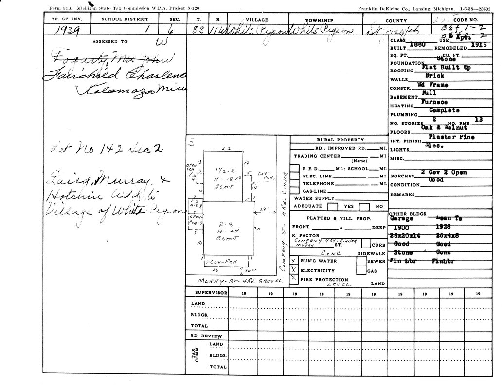 A 1939 property tax assessment form detailing land use, structures, and materials, with measurements and owner information.