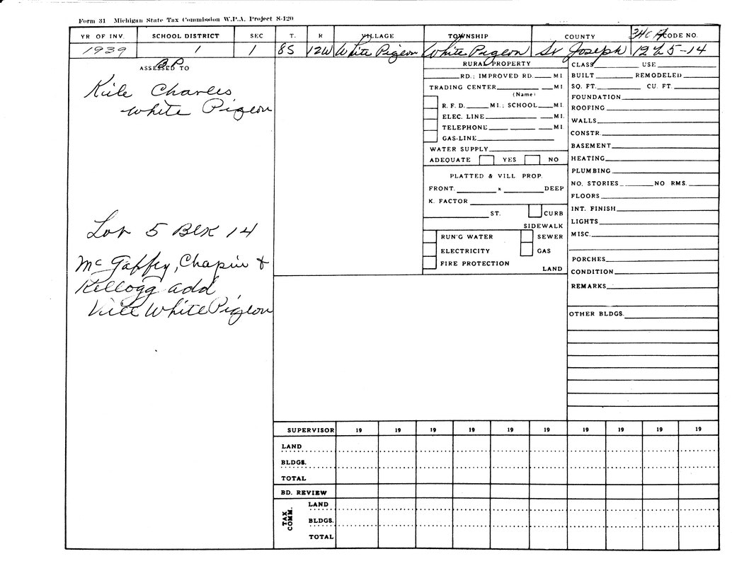 A 1939 Michigan tax form for White Pigeon property, listing owner as Kile Charles. It includes details about the lot and infrastructure.