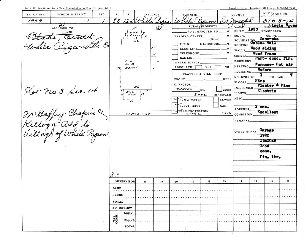 Tax form for a property in White Pigeon, St. Joseph, Michigan, from 1939. Details include owner, construction, and condition.