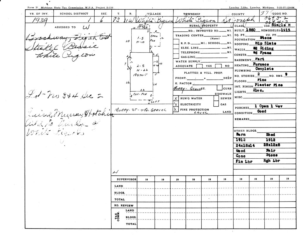 A property record card from 1939, detailing a property in White Pigeon, Michigan, with notes on construction, utilities, and assessments.