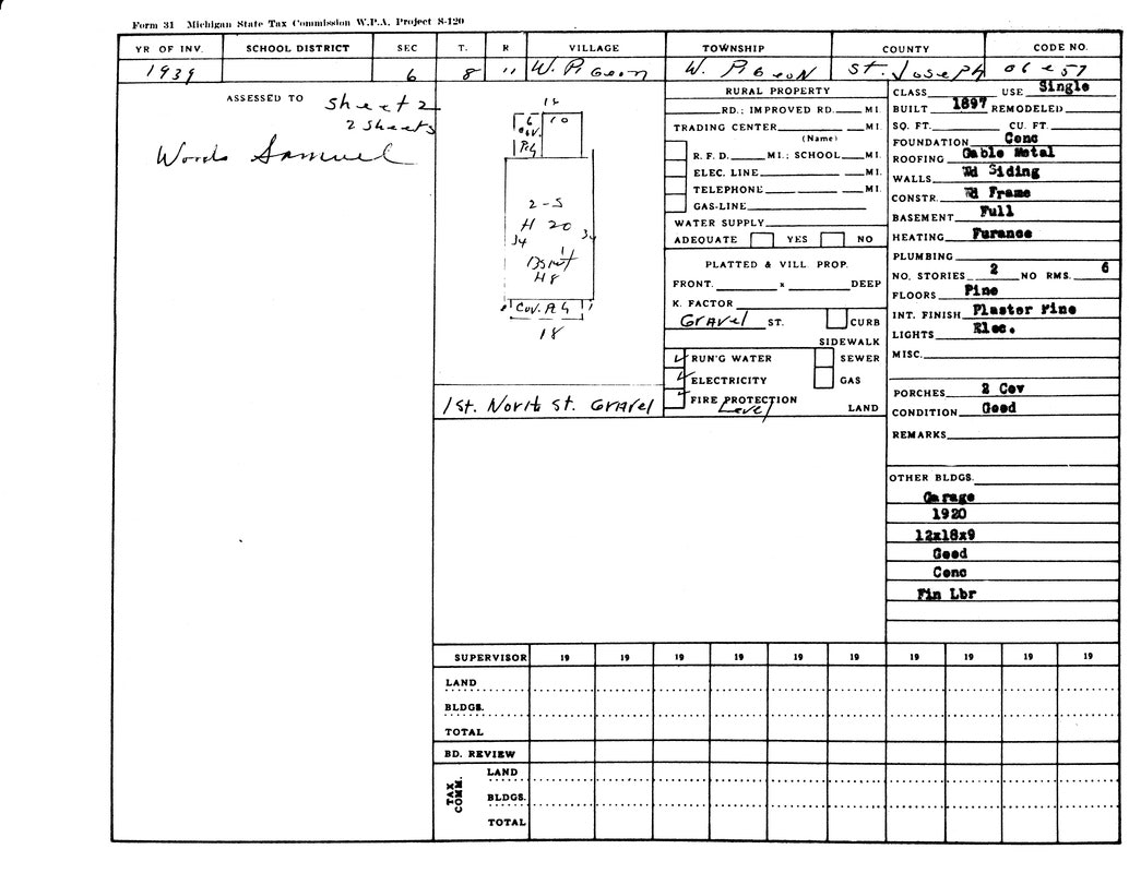 1938 property assessment form for W.P.A. project in St. Joseph County, Michigan, detailing structure and utility information.