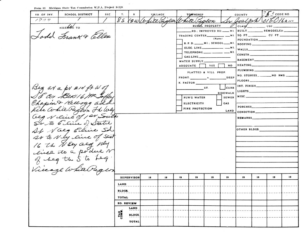 A 1938 property tax document for Todd, Frank & Ellen in White Pigeon, Michigan, detailing land boundaries and some infrastructure info.