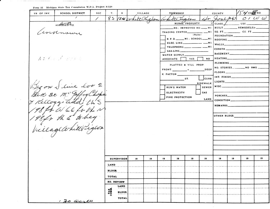 A Michigan state tax commission form with handwritten notes about property assessment, village location, and dimensions.