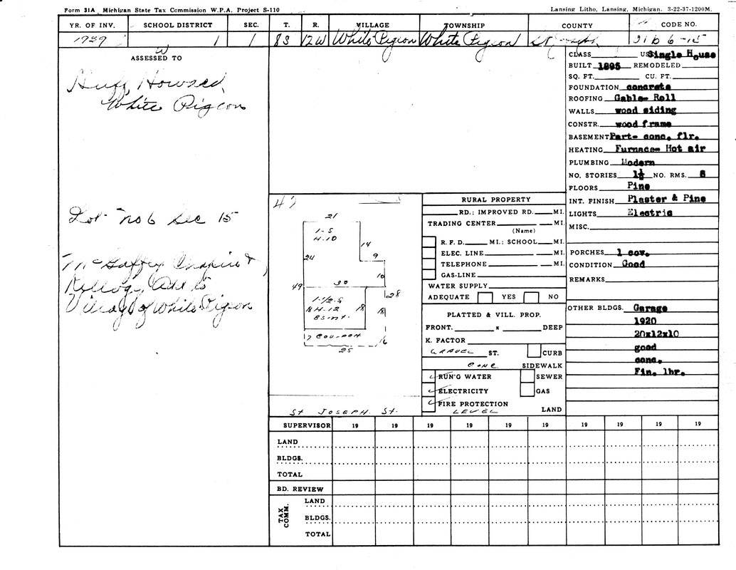 A 1939 Michigan State tax assessment form for a property in White Pigeon, detailing building specs, utilities, and misc. info.