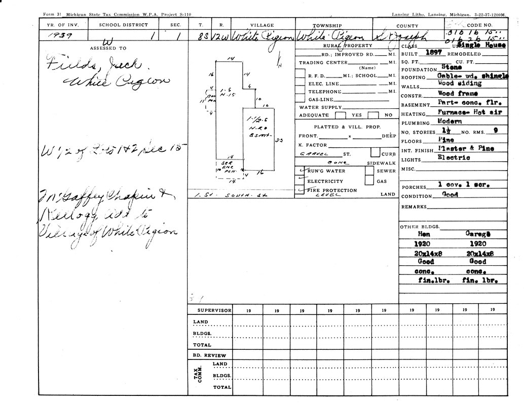 Tax assessment form for a property in White Pigeon, MI, noting details like area, construction, utilities, and other specifications.