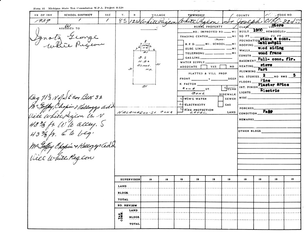 A 1939 property tax form for Ignatz George in White Pigeon, Michigan, detailing construction, utilities, and property specifics.