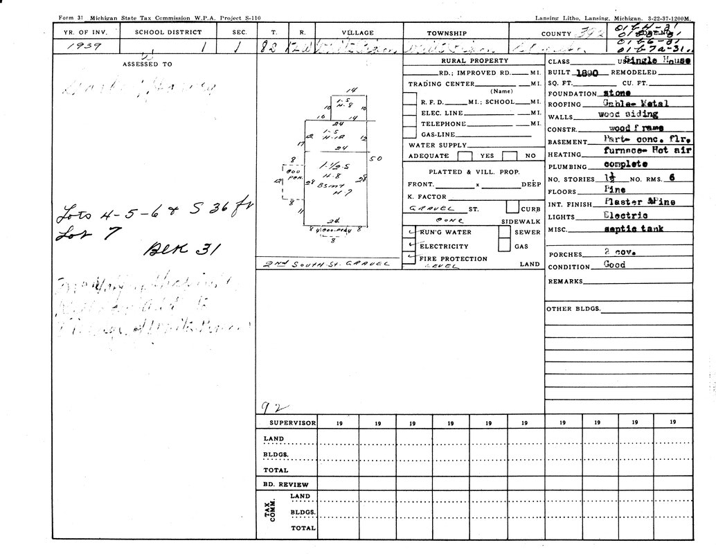 A 1937 Michigan property tax form with details on the land, buildings, and taxation notes. Includes a property sketch and specifications.