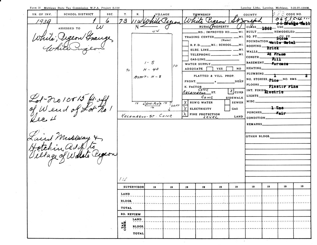1939 Michigan State tax form detailing property information in White Pigeon, including land assessment and building details.