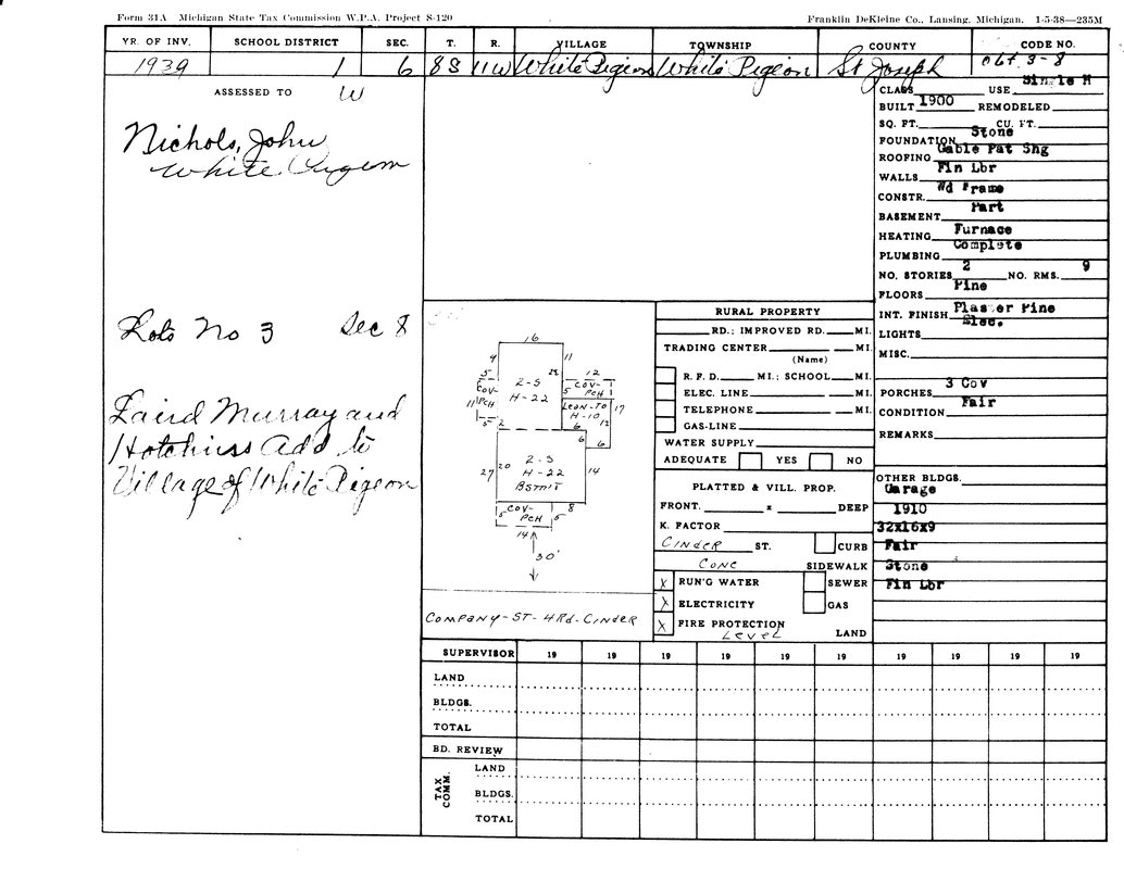 A property assessment form from 1939 for John Nichols in White Pigeon, indicating property details and conditions.