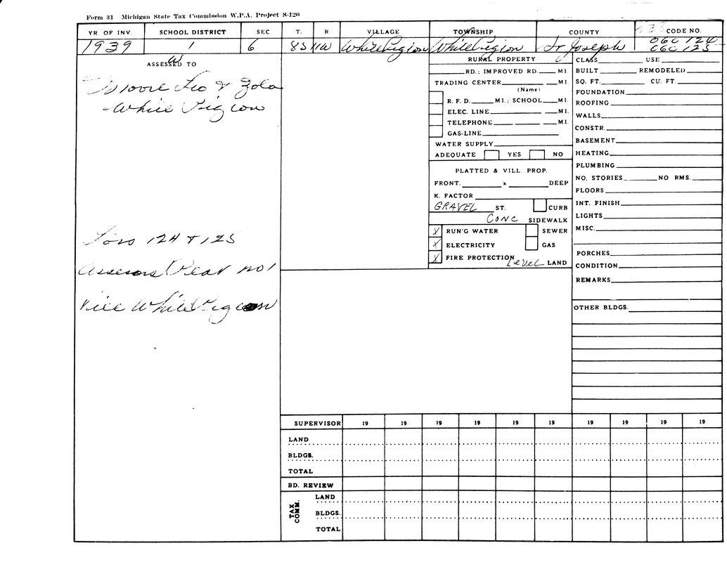 A 1939 Michigan tax form detailing property in St. Joseph County, White Pigeon Township, with utility and land information.