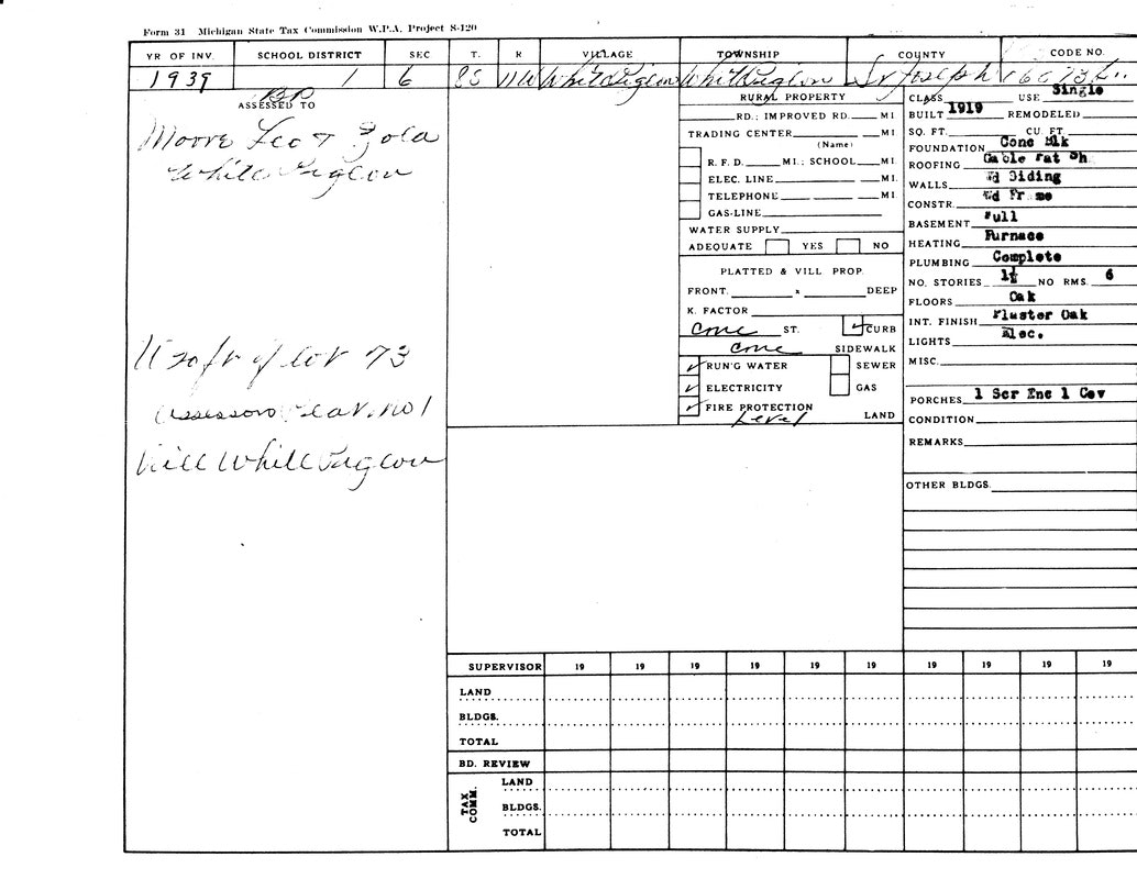 A 1939 Michigan State Tax Commission form with property details: location, utilities, and construction info. Assessed to Moore, Lee & Lola.