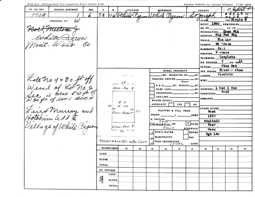 A 1939 Michigan State Tax form detailing property info in White Pigeon, St. Joseph County, including descriptions and classifications.
