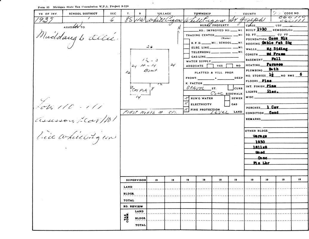 A 1935 Michigan State Tax Commission document with property details, ownership, building specs, and utilities information.