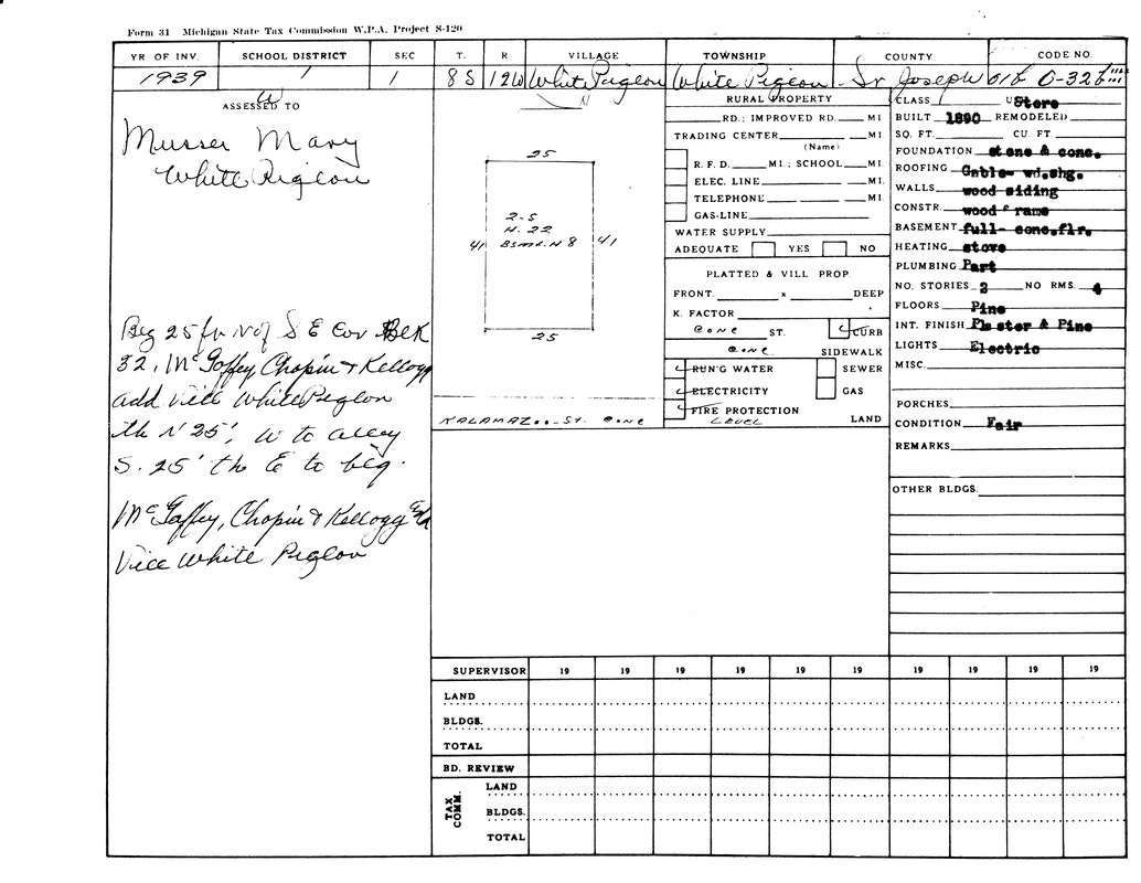 A 1939 Michigan property assessment form for Mary Muerer in White Pigeon, detailing land, structure, and utilities.