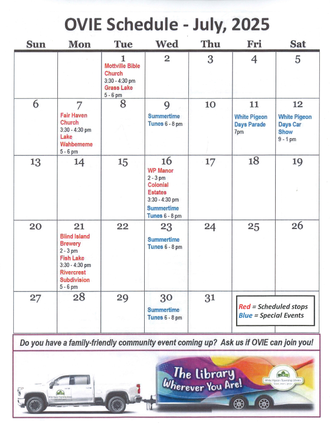 July 2025 schedule for OVIE library events and stops, with special events in blue and scheduled stops in red.