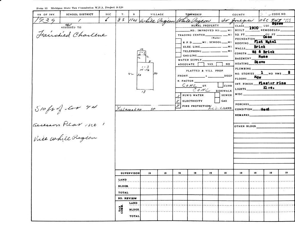 It's a 1939 Michigan State Tax Commission property record for Charlene Fairchild in White Pigeon, detailing structure and utilities.