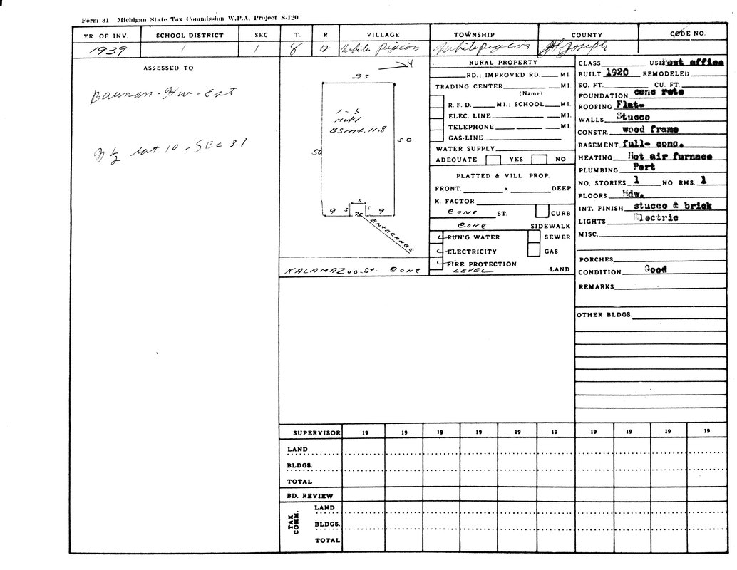 Form 31 from Michigan State Tax Commission (1939) detailing rural property info including building specs and layout.