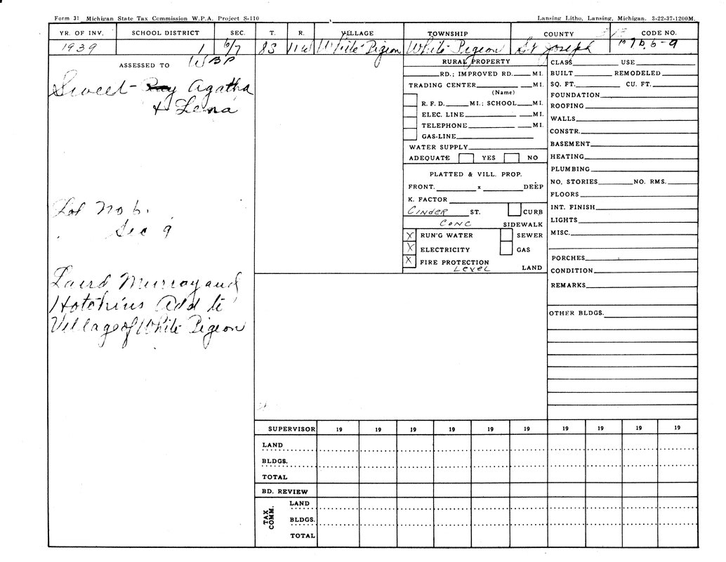 A 1939 Michigan tax commission form listing rural property details, utilities, and ownership information for “Wid. Pigeon, Elk Twp.”