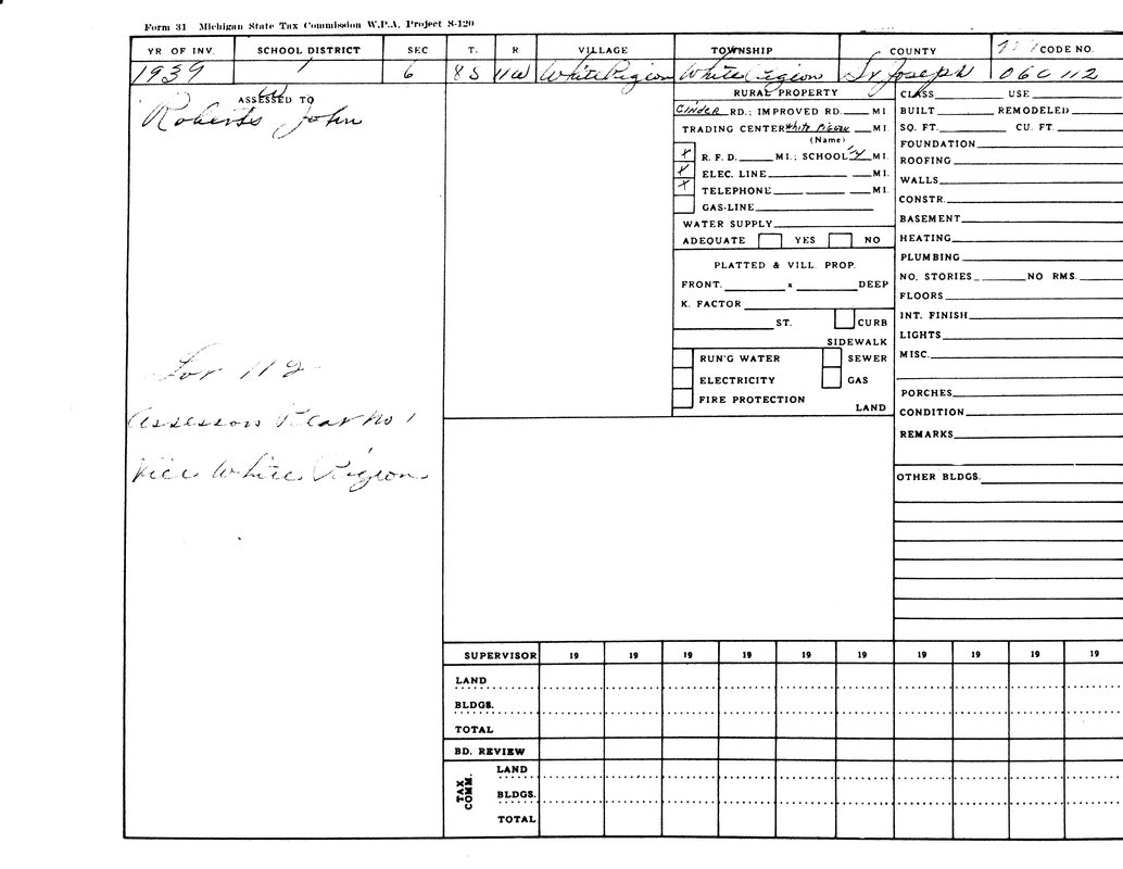 A 1939 Michigan State Tax Commission form for a property in White Pigeon Township, assessed to Roberts John.
