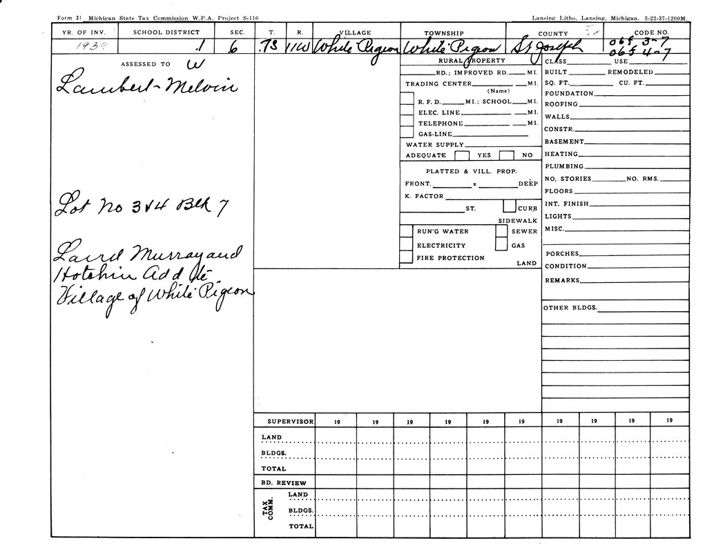 Michigan property record form, 1938, for Lambert Melvin, Lot No. 314, Village of White Pigeon, St. Joseph County.