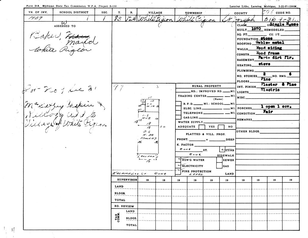 A 1937 Michigan State Tax Commission form detailing property information: location, structure, utilities, and conditions.