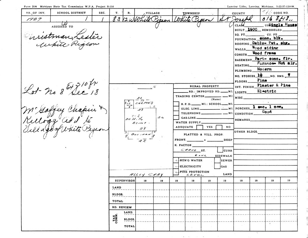 Property record: White Pigeon, Michigan, 1937; single house, built 1900, wood frame, 2 stories, good condition, electric lights.