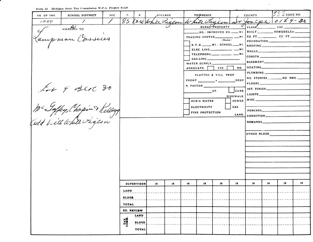 Michigan State Tax Commission form with property details for Lampman Cousins, 1939. White Pigeon Township assessment.