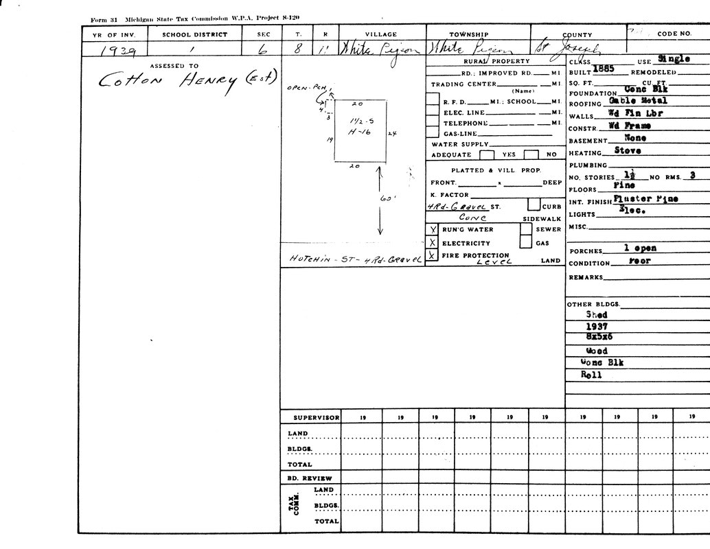 A 1929 property assessment form for Henry Cotton's estate, detailing location, structure info, and utilities in White Pigeon, St. Joseph County.