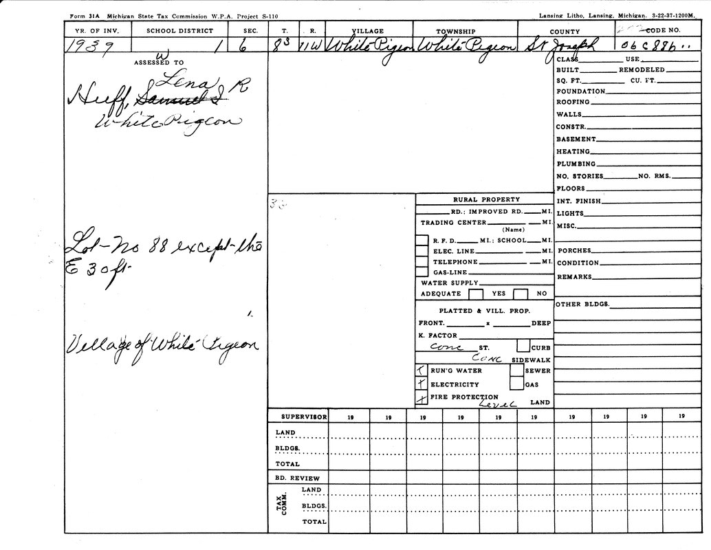 A Michigan State Tax Commission form from 1939, assessing White Pigeon property for Samuel R. Neff.