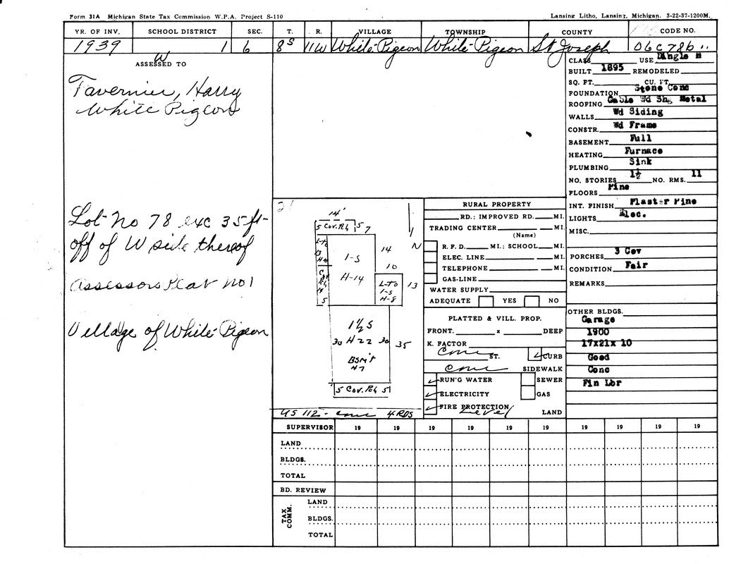 1939 Michigan property tax form for a building in White Pigeon, St. Joseph, listing details about the structure and land.