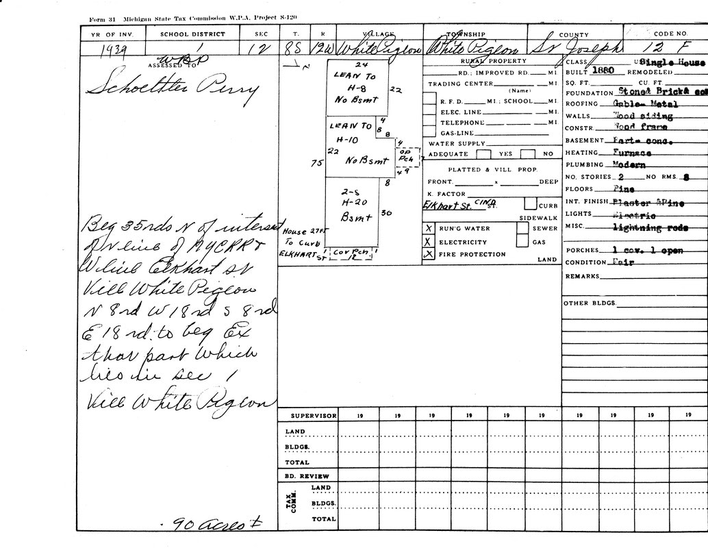 A 1939 Michigan State Tax Commission form with property and building details, including location, size, and condition.