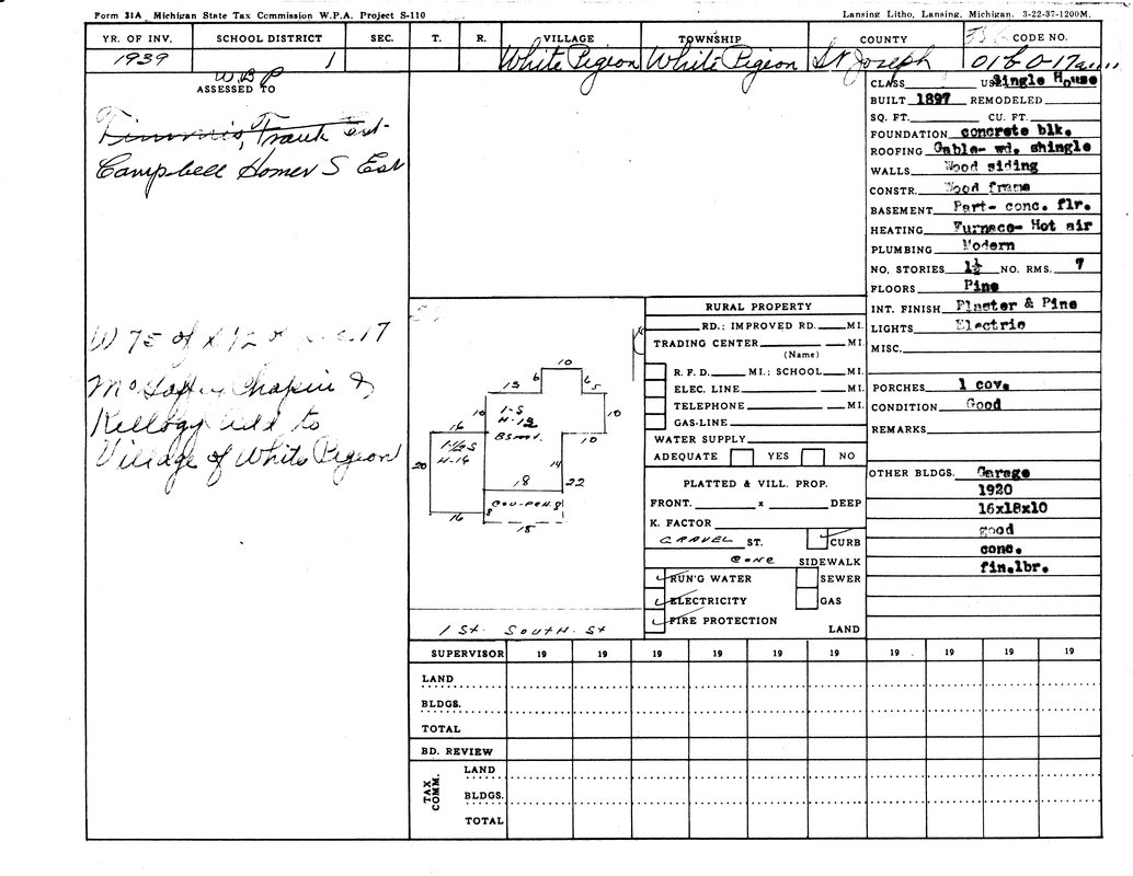 1939 Michigan property tax form with details of a White Pigeon residence: dimensions, materials, and utility information.