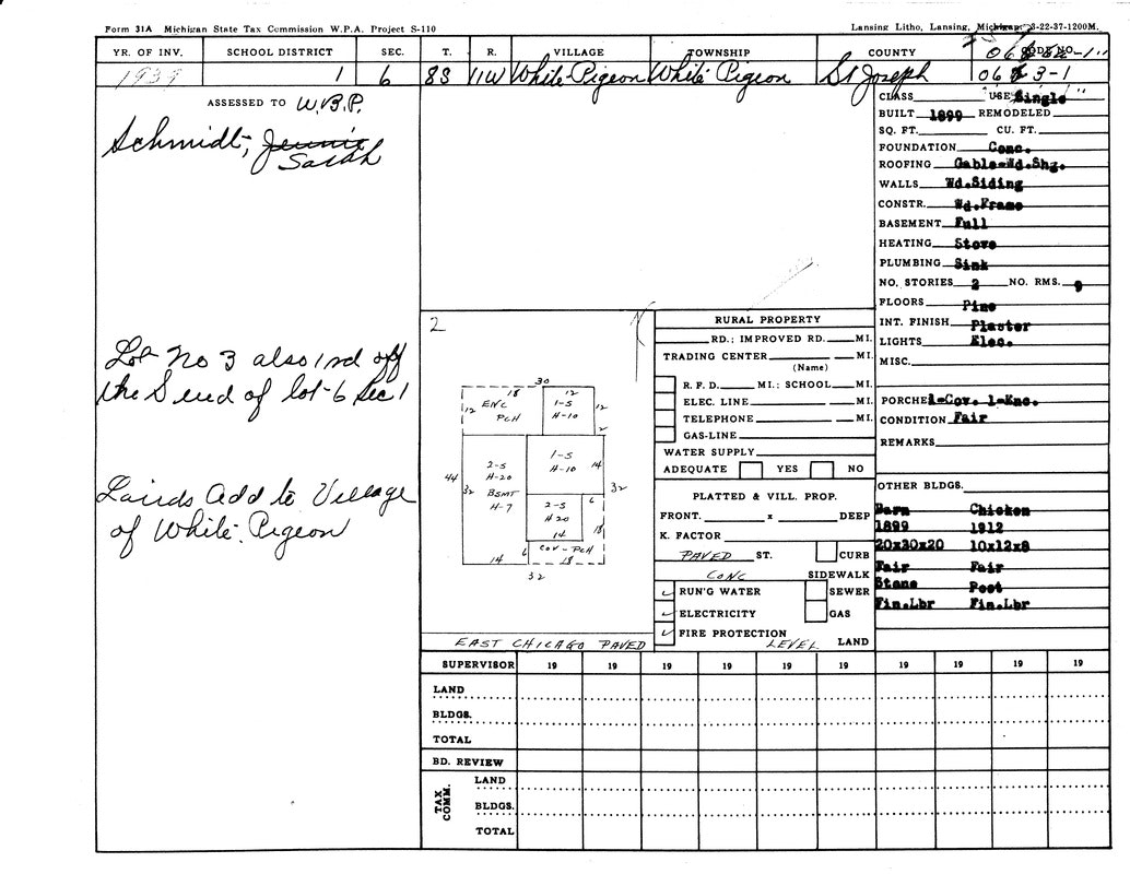 A 1937 Michigan tax form for property in White Pigeon, showing ownership details, land description, and building information.