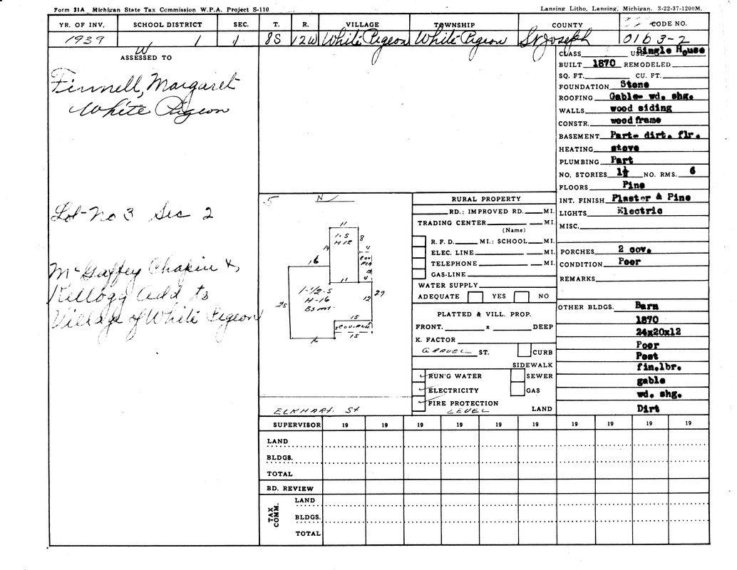 Property tax record from 1939 for a house in White Pigeon, Michigan, detailing owner, structure, and conditions.
