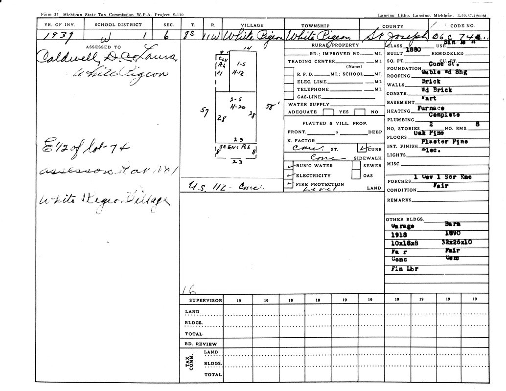 A 1939 property record form from Michigan, listing details like owner, building specs, and utilities in St. Joseph County, White Pigeon.