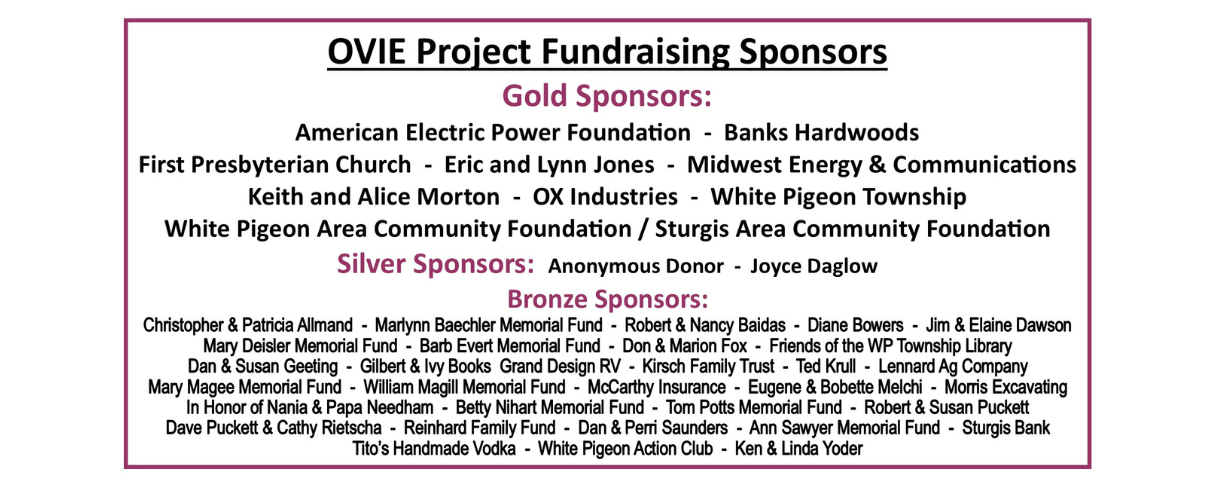 Fundraising sponsors for the OVIE Project: Gold, Silver, and Bronze sponsors are listed, including organizations and individuals.