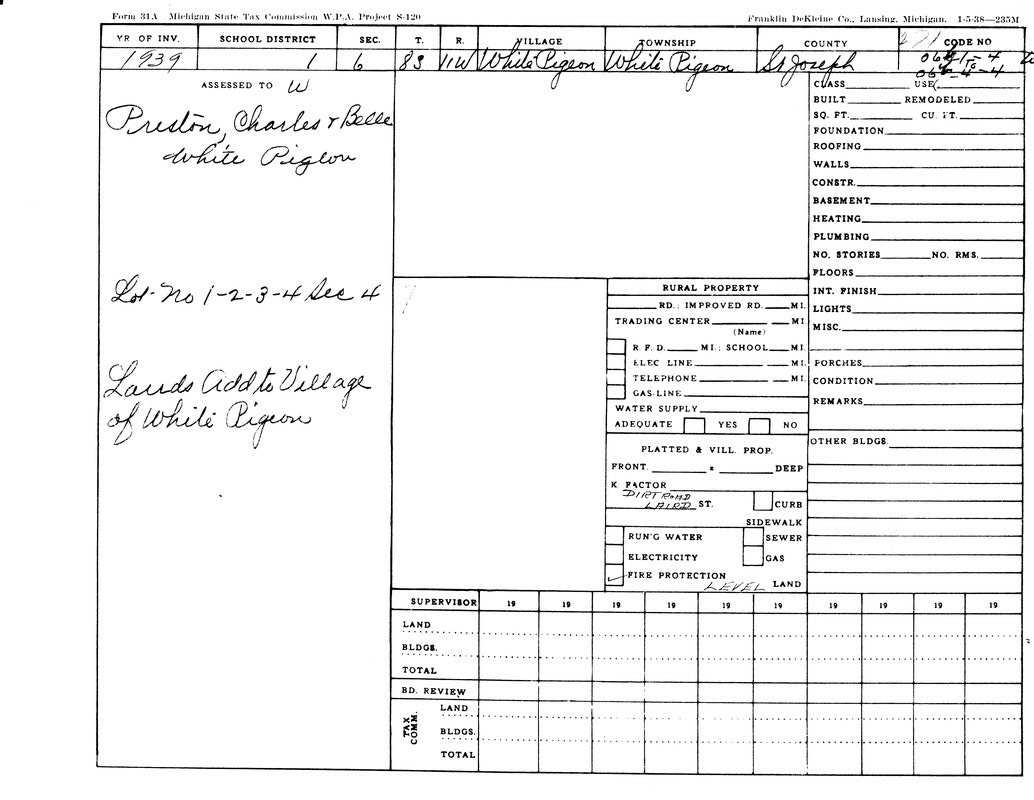 A 1939 Michigan State Tax form for White Pigeon, listing property details for Charles & Belle Preston.