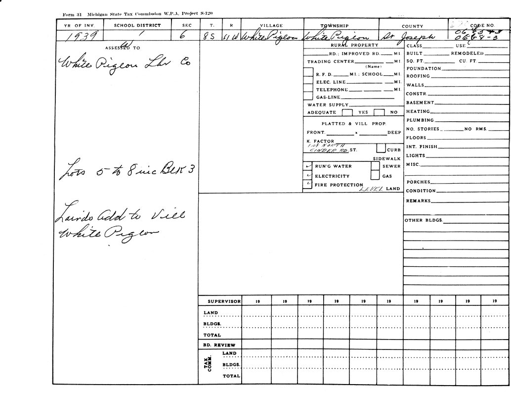 Property report from 1939 for White Pigeon Lumber Co., detailing lots, village, township, and basic utility information.