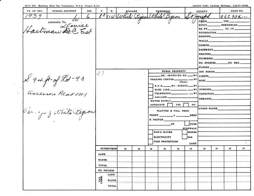 It's a 1939 Michigan State Tax Commission form for property assessment in White Pigeon, St. Joseph County.