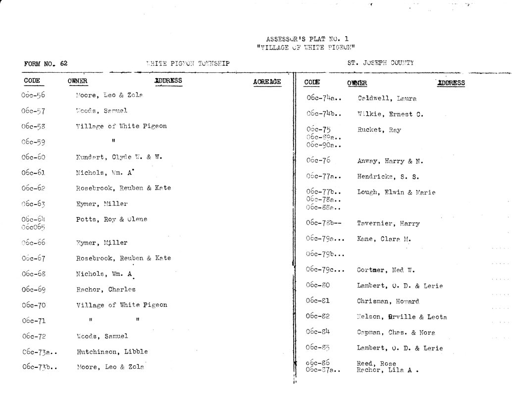 Assessor's listing of property owners, addresses, and codes in White Pigeon Township, St. Joseph County.