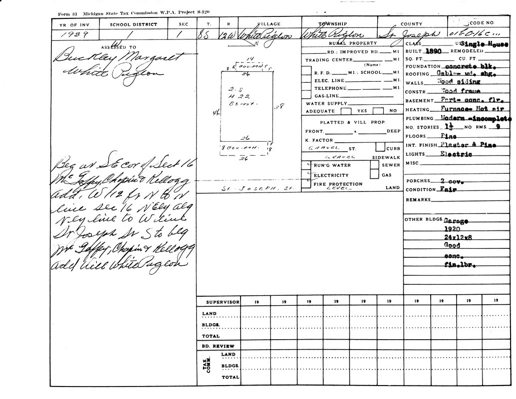 A 1939 property assessment form for a house in White Pigeon, Michigan, detailing the structure, utilities, and ownership.