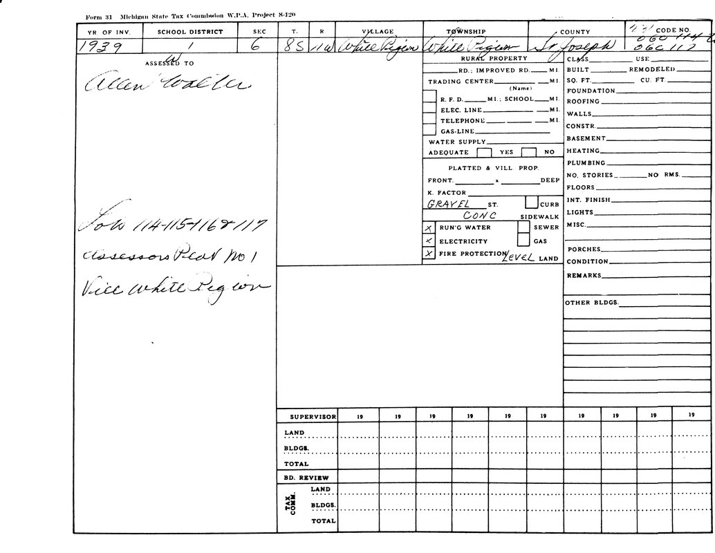 It's a 1939 Michigan tax form for property assessment, detailing utilities and land info, assessed to Allen Kotcher in Logan County.