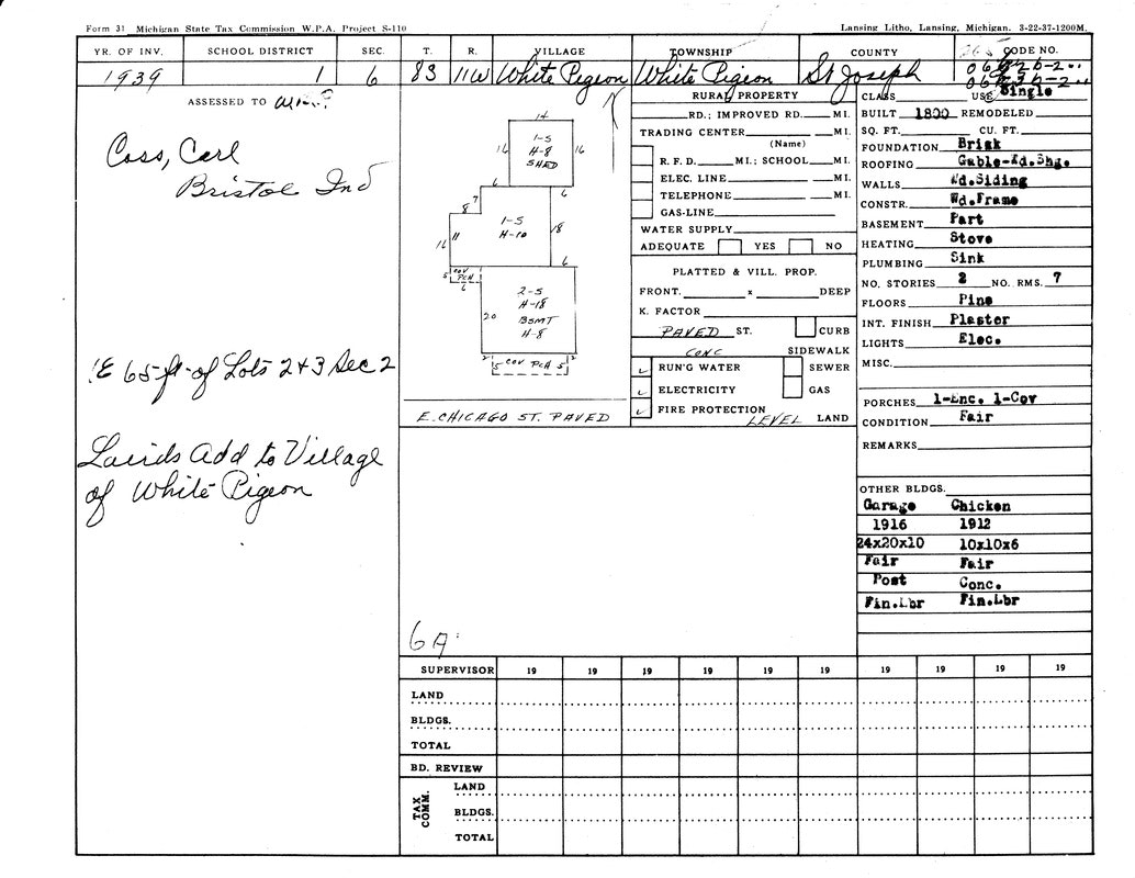 A 1939 property tax record for Carl Cass in White Pigeon, Michigan, detailing land, structures, and utilities.