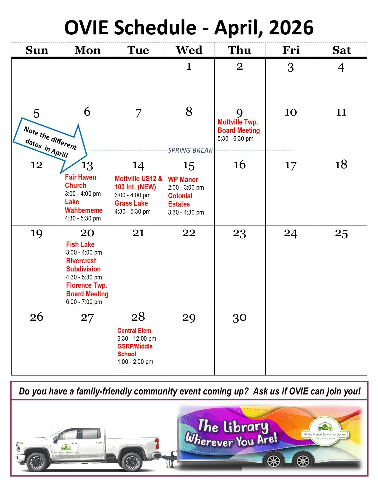 The image is an April 2026 schedule for OVIE, listing events and meetings, including locations and times.