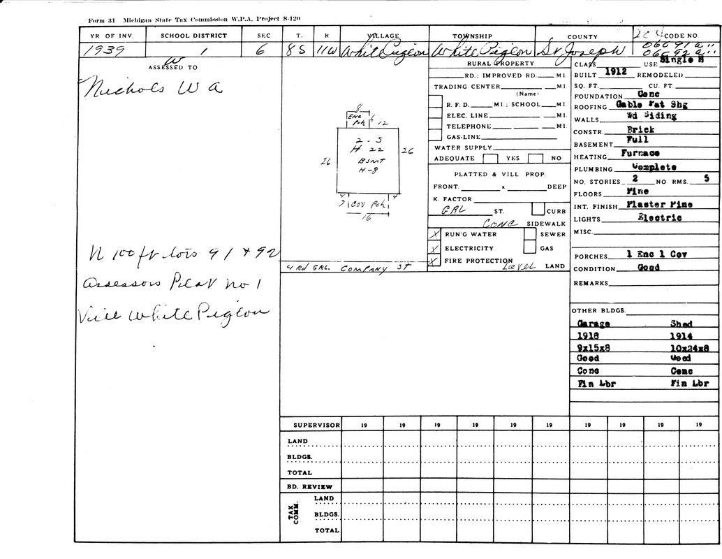 1939 property tax form: White Pigeon, Michigan. Details include owner, building class, utilities, and building conditions.