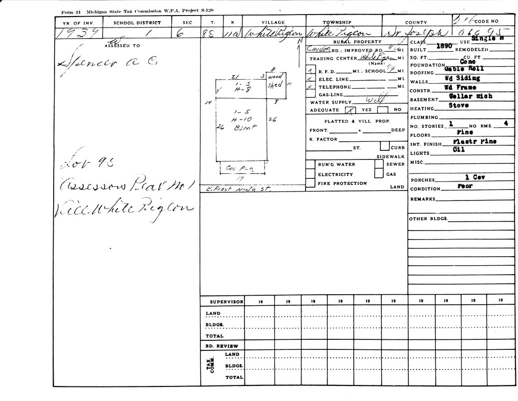 It's a 1939 tax form from the Michigan State Tax Commission for a property in White Pigeon, detailing structural and property info.
