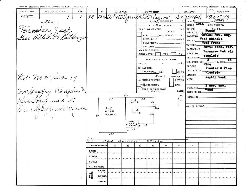 Property record card for Jack Frasier, 1939, Allegan County. Describes house details, materials, and condition. Includes a plot diagram.