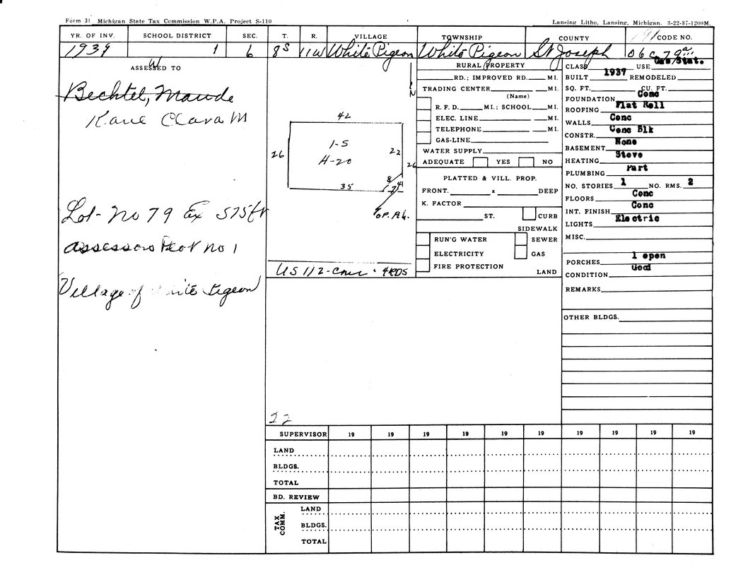 A Michigan State Tax Commission form detailing property information for Maude Bechtel in 1938, including structure and land details.