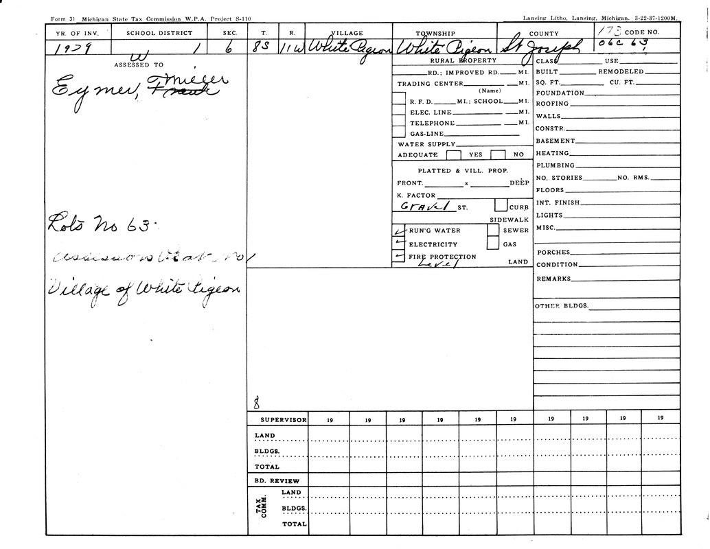 A property record from 1937 for a lot in White Pigeon, St. Joseph, Michigan; assesses utilities and infrastructure details.